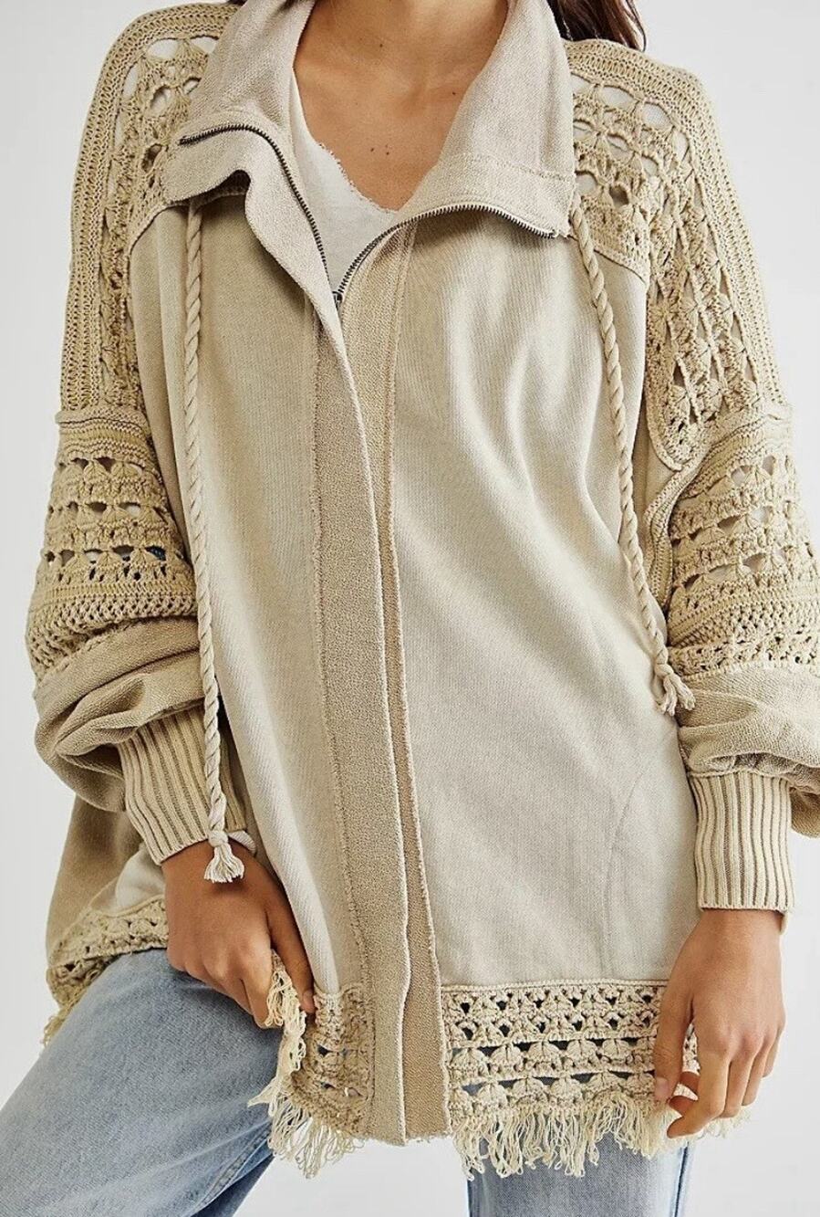Free People Dune Bug Crochet Oversized Cardigan Oatmeal Size L